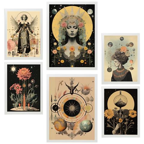 Set Di 6 Stampe Pittura Decorativa Collage Surreale In Mistico Esoterico Incorniciato Con Illustrazioni Per Le Pareti A3 & A4 Cornice Bianca - Foto 1