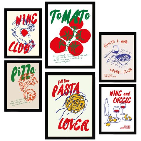 Set Di 6 Stampe Illustrazioni Decorative Di Cibo In Stile Pop Art Con Pomodori, Pasta E Pizza Incorniciate Con A3 & A4 Cornice Nera - Foto 1
