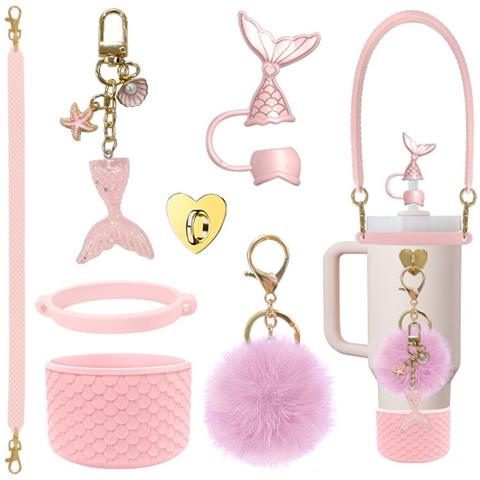 Kit Di Accessori Sirena 7 Pezzi Per Borracce Stanley - Porta Bicchiere In Silicone A Squame Di Pesce, Cinghia, Ciondoli Red - Foto 1