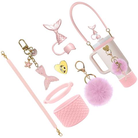 Kit Di Accessori Sirena 7 Pezzi Per Borracce Stanley - Porta Bicchiere In Silicone A Squame Di Pesce, Cinghia, Ciondoli Red - Foto 2
