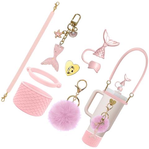 Kit Di Accessori Sirena 7 Pezzi Per Borracce Stanley - Porta Bicchiere In Silicone A Squame Di Pesce, Cinghia, Ciondoli Red - Foto 3