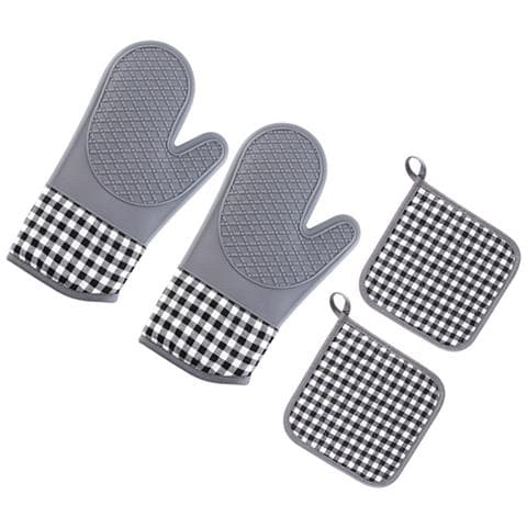 Set Di Protezioni Termiche In Silicone A Quadri Grigi - Include 2 Guanti E 2 Presine - Foto 1