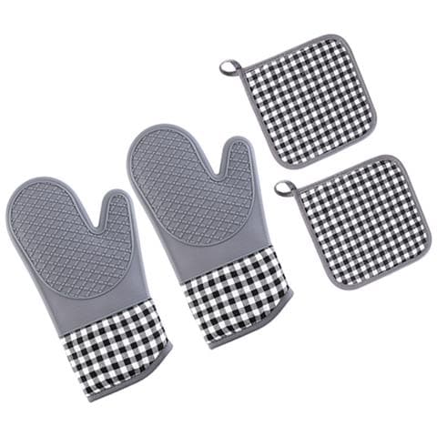 Set Di Protezioni Termiche In Silicone A Quadri Grigi - Include 2 Guanti E 2 Presine - Foto 2