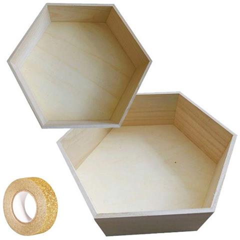 2 Ripiani Esagonali In Legno 30 X 26 Cm E 36 X 31 Cm + Washi Tape Dorato 5 M - Foto 2