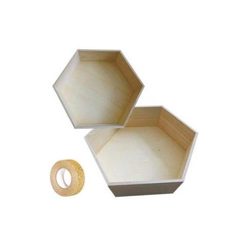 2 Ripiani Esagonali In Legno 30 X 26 Cm E 36 X 31 Cm + Washi Tape Dorato 5 M - Foto 1