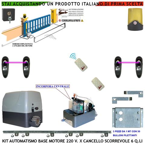 Kit Automazione Cancello Scorrevole 6 Q.li Motore 220 V 3 Mt Cremagliere 2 Telecomandi 2 Fotocellule Faro Antenna Sele - Foto 1