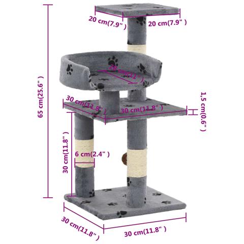 Lusso Casadino - Albero Per Gatti Tiragraffi In Sisal 65 Cm Zampe Stampate Grigio - Foto 6