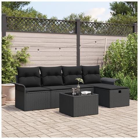 Set da Giardino 6 Pezzi con Cuscini Rattan Poliestere Nero, Divano da Giardino 2 Posti con Armadietto & Cuscini Rattan Poliestere Nero - Foto 2