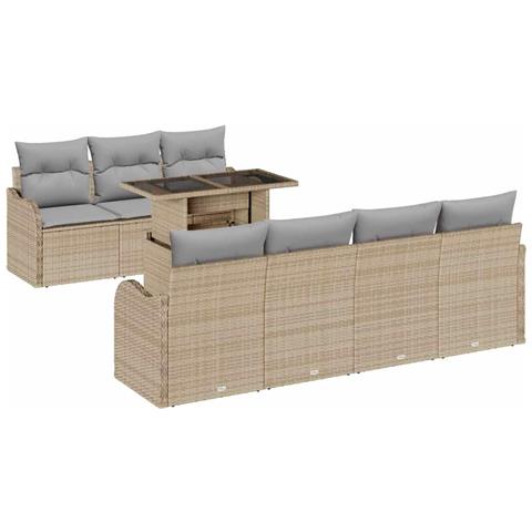 Set Divano Giardino da 8 Pezzi con Cuscini Beige Rattan Poliestere, Divano Giardino da 2 Posti con Cuscini Beige Rattan Poliestere - Foto 1