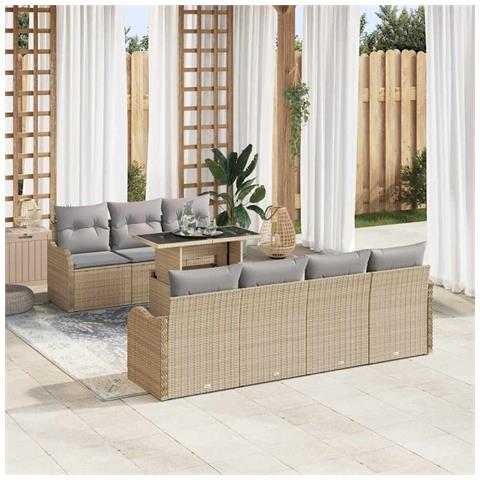 Set Divano Giardino da 8 Pezzi con Cuscini Beige Rattan Poliestere, Divano Giardino da 2 Posti con Cuscini Beige Rattan Poliestere - Foto 2
