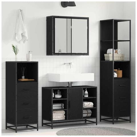 Set di mobili per il bagno 4 pcs Rovere Nero Legno multistrato - Foto 2
