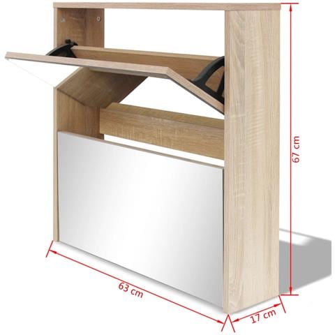 Scarpiera con 2 Ripiani e Specchio Colore Rovere 63x17x67 cm - Foto 2