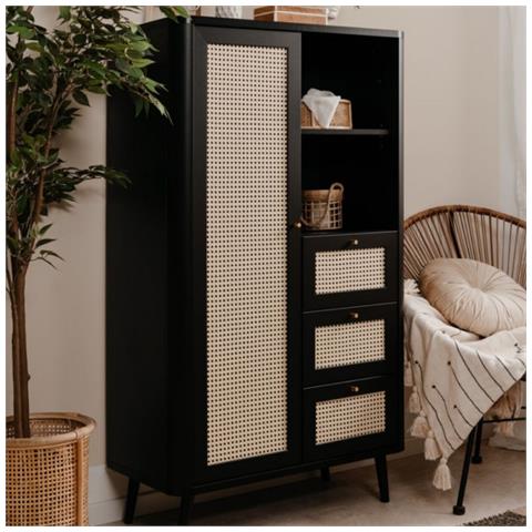 Credenza Kuta53 Nera 3 Cassetti E Anta Effetto Rafia - Foto 1