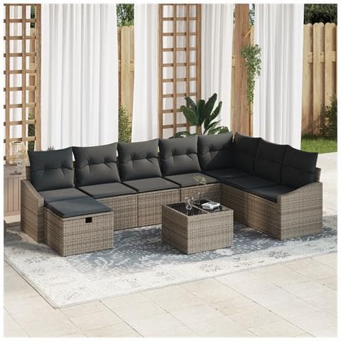 Set di divani da giardino 9 pezzi con cuscini grigi in poli rattan - Foto 2
