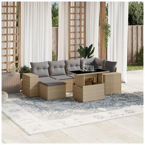 Set Divani da Giardino 7 pz con Cuscini Beige in Polyrattan - Foto 2
