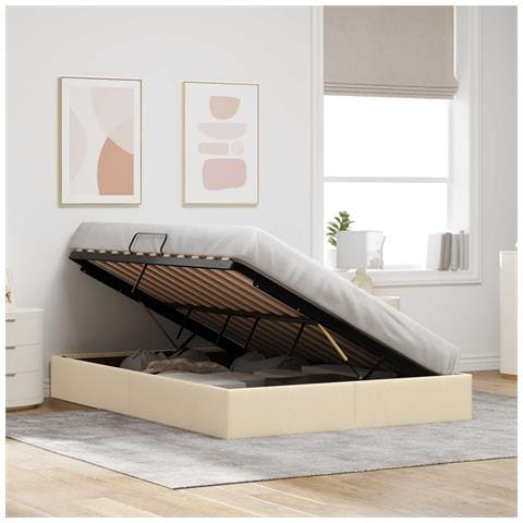 Letto ottomano con archiviazione Crema 140 x 200 cm Tessuto - Foto 10