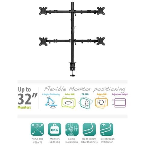 Monitor Desk Mount, 4 Screens Up To 81,30cm (32"") , Black Desk Mount 4 Screens 13-32 (ew1514)  - Foto 2
