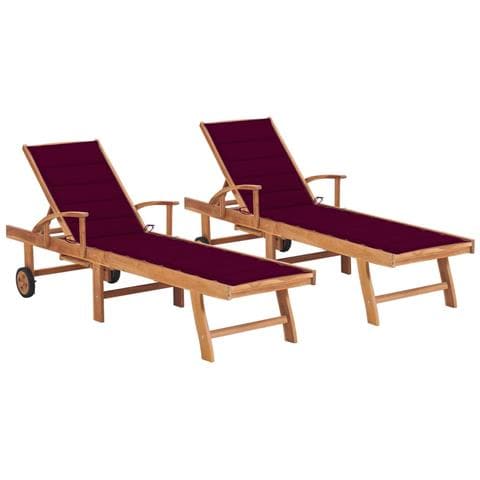 Sdraio 2 pz con Tavolo e Cuscino Rosso Vino in Massello di Teak - Foto 1