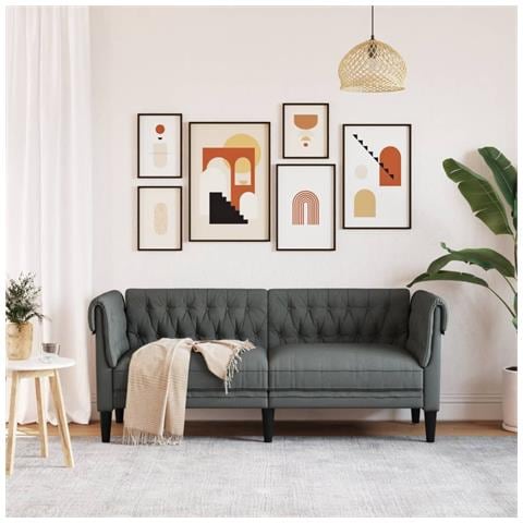 Divano Chesterfield A 2 Posti Grigio Scuro In Tessuto - Foto 3