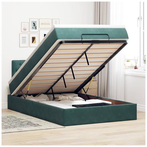 Pouf Letto con Materasso Verde Scuro 120x190 cm Velluto - Foto 2