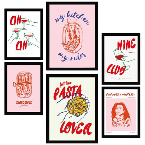 Set Di 6 Stampe Illustrazioni Decorative Di Cibo E Pasti In Stile Pop Art Nei Toni Del Rosa. Illustrazioni Incorniciate. A3 & A4 Cornice Nera - Foto 1