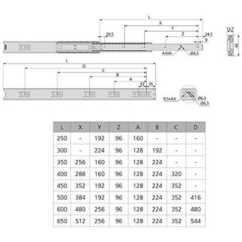 Guide / Binari con Cuscinetti a Sfere ad Estrazione Totale per Cassetto, 45 x 350 mm, Zincato, 350mm - Foto 5