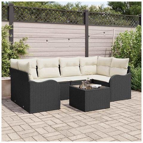 Set da Giardino  7 Pezzi con Cuscini Polyrattan Nero, Divano da Giardino  per 2 Persone con Cuscini Polyrattan Nero - Foto 2