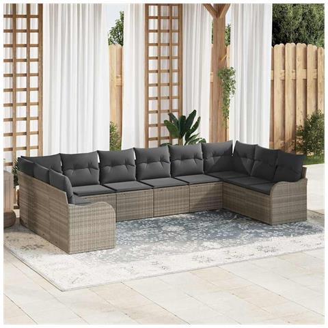 Set di divani da giardino  10 pezzi con cuscini grigio chiaro in polyrattan, Divano da giardino a 2 posti  con cuscini grigio chiaro in polyrattan - Foto 2