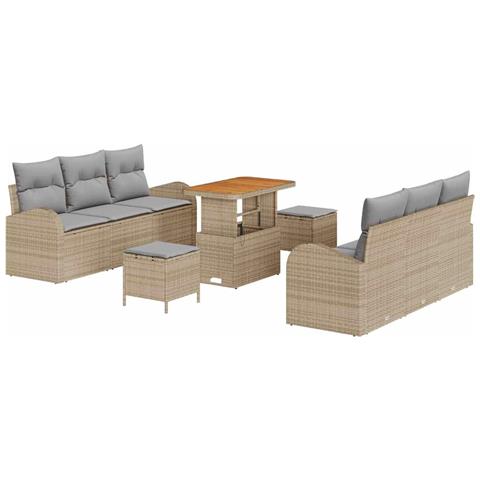 Set Divano da Giardino 9 Pezzi con Cuscini Beige Polyrattan Acacia, Divano da Giardino 2 Posti con Spazio di Stoccaggio & Cuscini Beige Polyrattan, Set da Pranzo da Giardino 3 Pezzi con Cuscini Beige Polyrattan Acacia - Foto 1