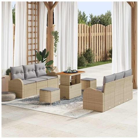 Set Divano da Giardino 9 Pezzi con Cuscini Beige Polyrattan Acacia, Divano da Giardino 2 Posti con Spazio di Stoccaggio & Cuscini Beige Polyrattan, Set da Pranzo da Giardino 3 Pezzi con Cuscini Beige Polyrattan Acacia - Foto 2