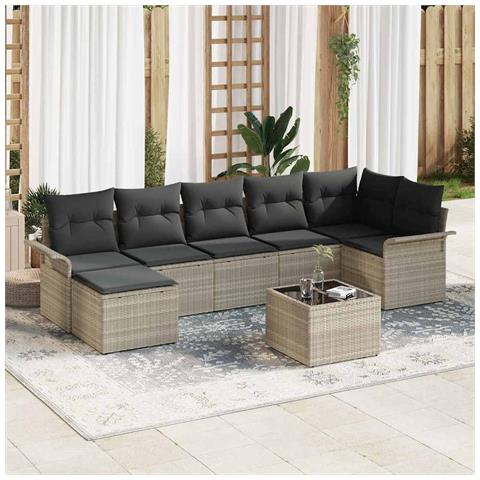 Set Divano Giardino da 8 Pezzi con Cuscini Grigio Rattan Sintetico, Divano Giardino 2 Posti con Magazzino e Cuscini Grigio Chiaro Rattan Sintetico - Foto 2