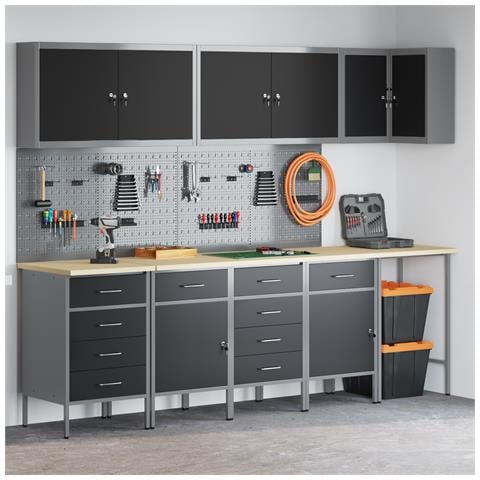 Set di 12 Pezzi di Mobile da Lavoro e Pannello Forato Nero in MDF e Metallo - Foto 2