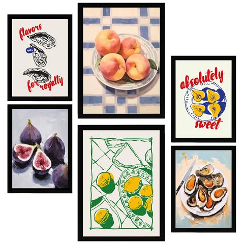 Set Di 6 Stampe Illustrazioni Decorative Di Cibo E Cucina Mediterranea Incorniciate Con Illustrazioni A3 & A4 Cornice Nera - Foto 1