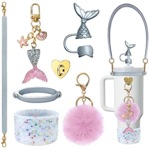 Kit Di Accessori Sirena 7 Pezzi Per Borracce Stanley - Porta Bicchiere In Silicone A Squame Di Pesce, Cinghia, Ciondoli Transparent - Foto 1