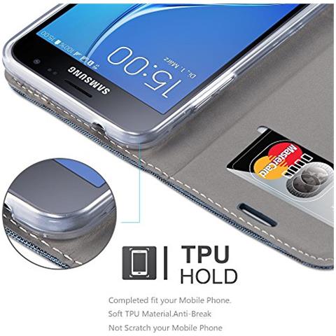 Custodia Compatibile Con Samsung Galaxy J3 2016 In Blu Scuro Nero - Coperchio Protettiva Con Chiusura Magnetica, Funzione Stand E Tasca Per Le Carte - Foto 2
