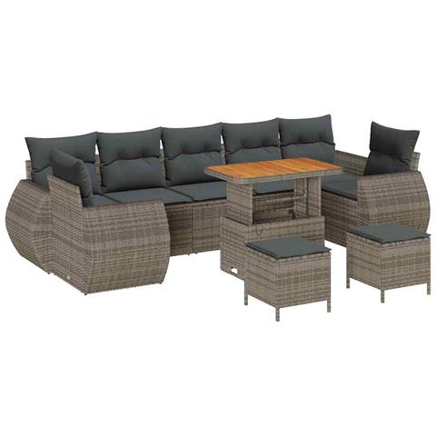 Set di Divani da Giardino 10 Pezzi con Cuscini Grigio Poly Rattan Acacia, Set di Pranzo da Giardino 3 Pezzi con Cuscini Grigio Poly Rattan Acacia - Foto 1