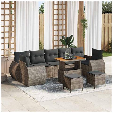 Set di Divani da Giardino 10 Pezzi con Cuscini Grigio Poly Rattan Acacia, Set di Pranzo da Giardino 3 Pezzi con Cuscini Grigio Poly Rattan Acacia - Foto 2