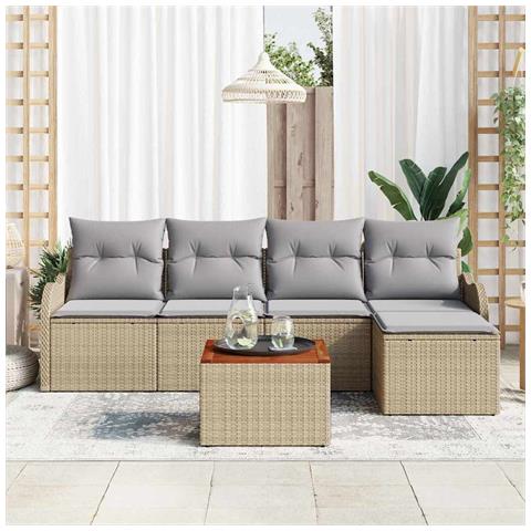 Set di Divani da Giardino 6 Pezzi con Cuscini Beige Polyrattan Acacia, Divano da Giardino 2 Posti con Stoccaggio e Cuscini Beige Polyrattan - Foto 2