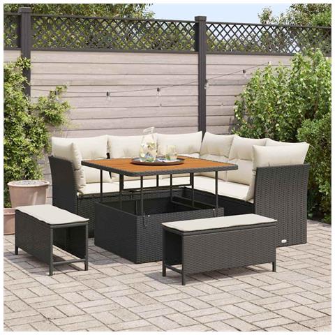 Set Divano da Giardino da 8 Pezzi con Cuscini Nero Polyrattan Acacia,  Set da Pranzo da Giardino da 3 Pezzi con Cuscini Nero Polyrattan Acacia - Foto 2