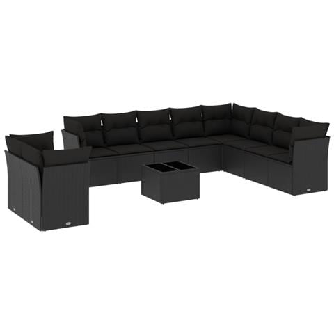 Set Divani da Giardino 11 pz con Cuscini in Polyrattan Nero - Foto 1