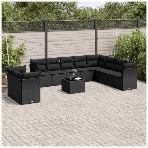 Set Divani da Giardino 11 pz con Cuscini in Polyrattan Nero - Foto 2