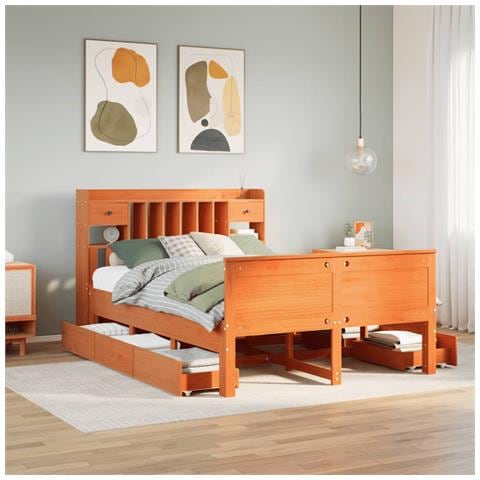 Letto Libreria senza Materasso Marrone Cera 140x200 cm in Pino - Foto 2