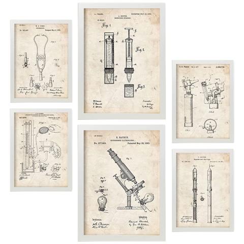 Set Di 6 Stampe Poster Con Brevetti Medici Poster Con Immagini Di Brevetti Retrò Design D'interni In Stile Vintage A3 & A4 Cornice Bianca - Foto 1