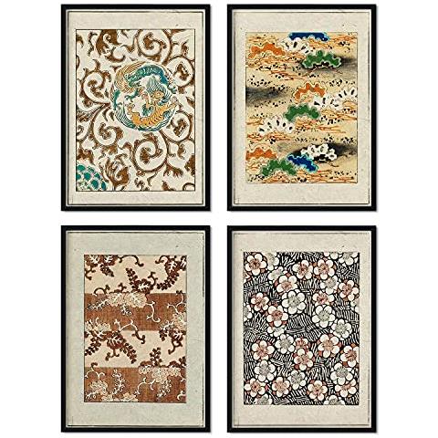 Set Di 4 Stampe Toni Marroni. Poster Con Illustrazioni Di Rivista Vintage Giapponese Shin Bijutsukai. Decorazione D'interni Senza Cornice A3 - Foto 1