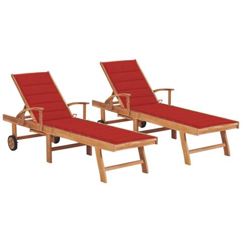 Sdraio 2 pz con Tavolo e Cuscino Rosso Legno Massello di Teak - Foto 1