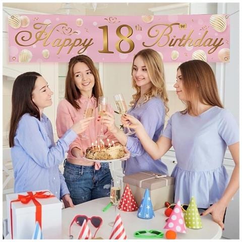 Banner Impermeabile Per 18° Compleanno Rosa E Oro - 40cm X 180cm, Festeggia Alla Grande! - Foto 2