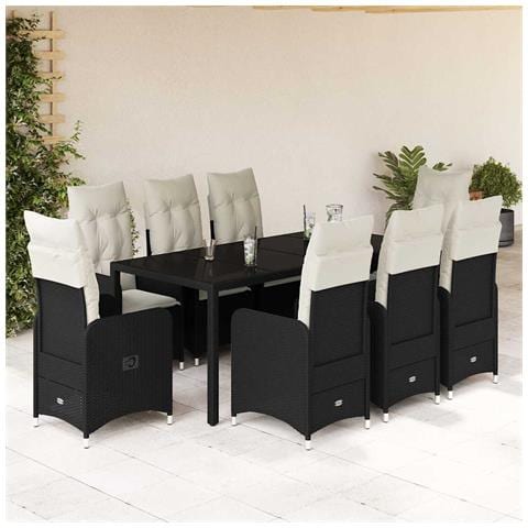 Set Bistrò Da Giardino 9 Pz Con Cuscini In Polyrattan Nero - Foto 1