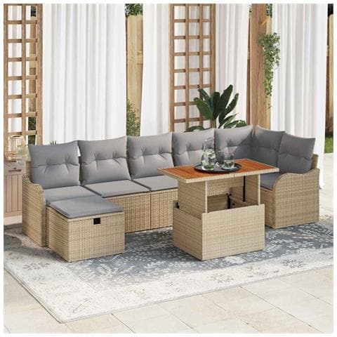 Set da Giardino 8 Pezzi con Cuscini Beige Rattan Poliestere, Divano da Giardino 2-Persone con Cuscini Beige Rattan Poliestere - Foto 2