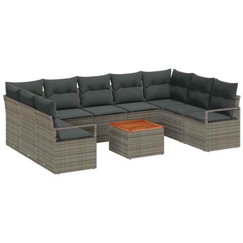 Set di Divani da Giardino  10 Pezzi con Cuscini Grigio Polyrattan Acacia, Divano da Giardino  per Due Persone con Cuscini Grigio Polyrattan - Foto 1