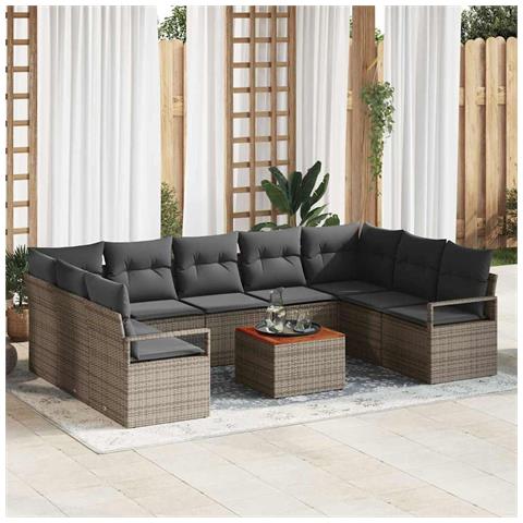 Set di Divani da Giardino  10 Pezzi con Cuscini Grigio Polyrattan Acacia, Divano da Giardino  per Due Persone con Cuscini Grigio Polyrattan - Foto 2